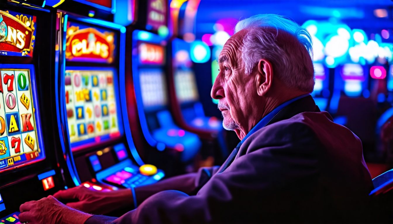 Un uomo anziano gioca alle slot machine in un casinò.